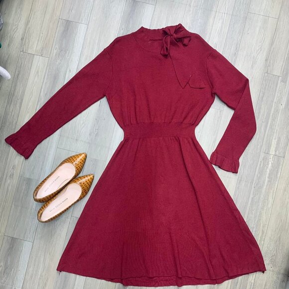 Unbranded Dresses & Skirts - Short Flared Dress with Long Sleeves, Waist Cinching, and Bow Detail at the Neck